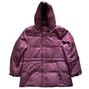 J Jill Quilted Down Puffer Coat Sz XL Burgundy Removable Hood Wool Knit Cuff Zip